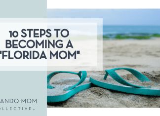 ridwan muhamad iqbal unsplash - teal flip flops on sand with water behind with words '10 steps to becoming a Florida mom' over top
