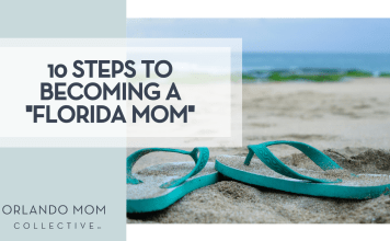 ridwan muhamad iqbal unsplash - teal flip flops on sand with water behind with words '10 steps to becoming a Florida mom' over top