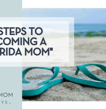 ridwan muhamad iqbal unsplash - teal flip flops on sand with water behind with words '10 steps to becoming a Florida mom' over top