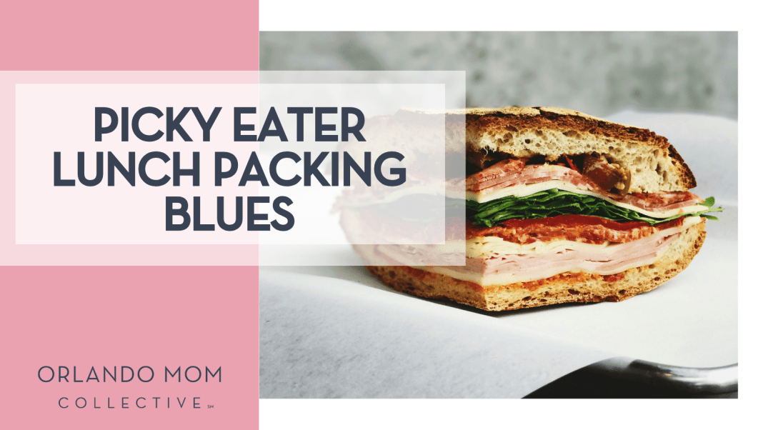 Picky Eater Lunch Packing Blues Eaters Collective via Unsplash hame sandwich cut in quarter from the side with 'Picky Eater Lunch Packing Blues' on the left