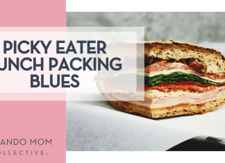Eaters Collective via Unsplash hame sandwich cut in quarter from the side with 'Picky Eater Lunch Packing Blues' on the left