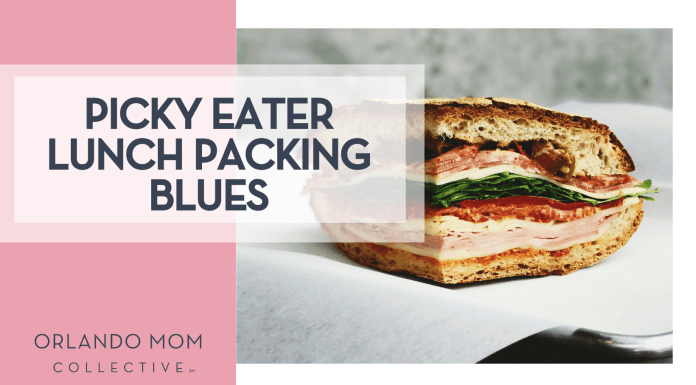 Picky Eater Lunch Packing Blues Eaters Collective via Unsplash hame sandwich cut in quarter from the side with 'Picky Eater Lunch Packing Blues' on the left
