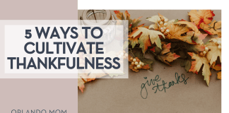 Priscilla du Preez via Unsplash brown paper with 'give thanks' in cursive and garland of leaves and a voice candle holder with '5 ways to cultivate thanksfulness' on the left
