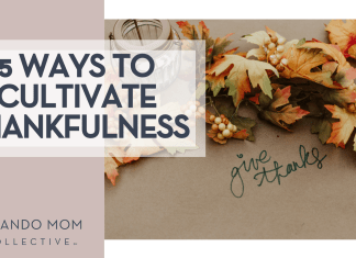 Priscilla du Preez via Unsplash brown paper with 'give thanks' in cursive and garland of leaves and a voice candle holder with '5 ways to cultivate thanksfulness' on the left