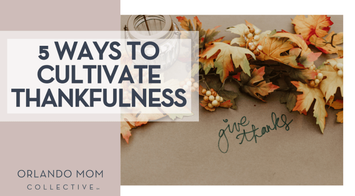 Priscilla du Preez via Unsplash brown paper with 'give thanks' in cursive and garland of leaves and a voice candle holder with '5 ways to cultivate thanksfulness' on the left