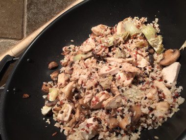 lemon chicken, rice medley, frozen artichoke heart, sliced mushroom and garlic stir fry - less than ten minutes to prepare