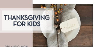 Thanksgiving For Kids Debby Hudson via Unsplash place setting with gray napkin and twigs with acorns and a tag with 'thankful' on it with "thanksgiving for kids" on the left
