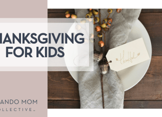 Debby Hudson via Unsplash place setting with gray napkin and twigs with acorns and a tag with 'thankful' on it with "thanksgiving for kids" on the left
