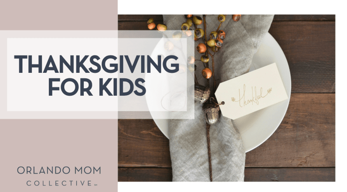Debby Hudson via Unsplash place setting with gray napkin and twigs with acorns and a tag with 'thankful' on it with "thanksgiving for kids" on the left