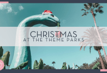 Alyssa eakin via unsplash with dinosaur with Santa hat and ornament in mouth with words 'Christmas at the theme parks' over top