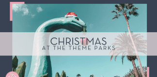 Alyssa eakin via unsplash with dinosaur with Santa hat and ornament in mouth with words 'Christmas at the theme parks' over top