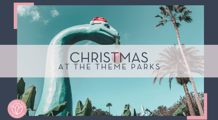 Alyssa eakin via unsplash with dinosaur with Santa hat and ornament in mouth with words 'Christmas at the theme parks' over top