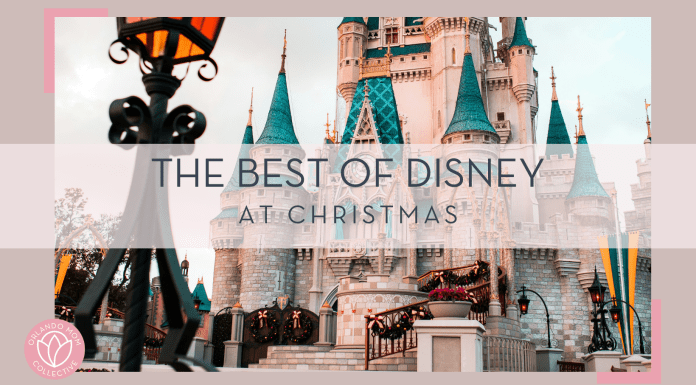 cody board via unsplash picture of Christmas wreathes and garland on cinderella castle with 'the best of disney at christmas' in tex overtop of picture