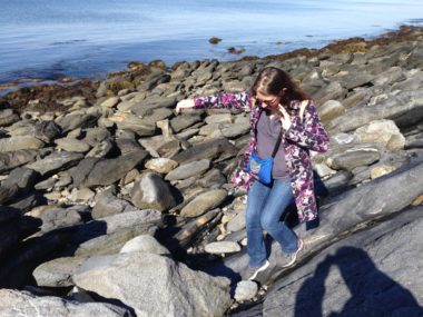 I should not be able to see my scalp. I am delightfully delusional in thinking my hair is as thick and luxurious as it used to be. See the shadow of my husband taking this picture and me not noticing? This is why it still exists. But I was focusing on clambering along the Rhode Island shore with my kids, and this is how I looked doing it. 