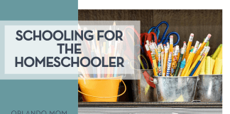 Laura Rivera via Unsplash pencils and colored pencils in metal buckets on a shelf with words 'Schooling for the Homeschooler' on the left