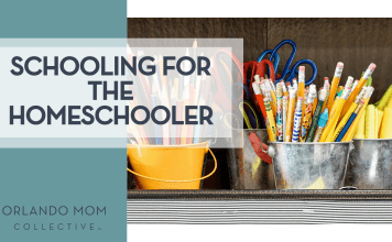 Schooling for the Homeschooler Laura Rivera via Unsplash pencils and colored pencils in metal buckets on a shelf with words 'Schooling for the Homeschooler' on the left