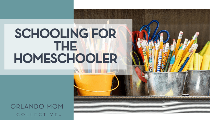 Schooling for the Homeschooler Laura Rivera via Unsplash pencils and colored pencils in metal buckets on a shelf with words 'Schooling for the Homeschooler' on the left