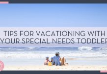 Allison Thommen: family sitting on the beach facing the ocean with words 'tips for vacationing with your special needs toddler overtop' Weiqi Xiong via Unsplash