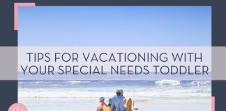 Allison Thommen: family sitting on the beach facing the ocean with words 'tips for vacationing with your special needs toddler overtop' Weiqi Xiong via Unsplash