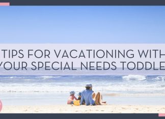 Allison Thommen: family sitting on the beach facing the ocean with words 'tips for vacationing with your special needs toddler overtop' Weiqi Xiong via Unsplash