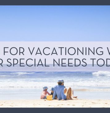 Allison Thommen: family sitting on the beach facing the ocean with words 'tips for vacationing with your special needs toddler overtop' Weiqi Xiong via Unsplash