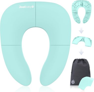 travel potty seat in teal with diagram of how it can fold in half and then half again and go into black bag for traveling.