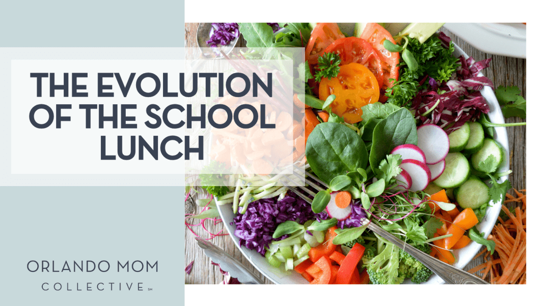 Nadina Primeau via Unsplash colorful salad in white bowl with 'The Evolution of the School Lunch' on the left