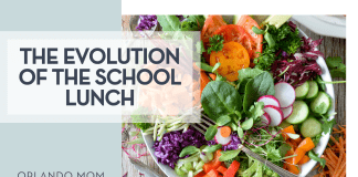 Nadina Primeau via Unsplash colorful salad in white bowl with 'The Evolution of the School Lunch' on the left