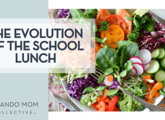 Nadina Primeau via Unsplash colorful salad in white bowl with 'The Evolution of the School Lunch' on the left