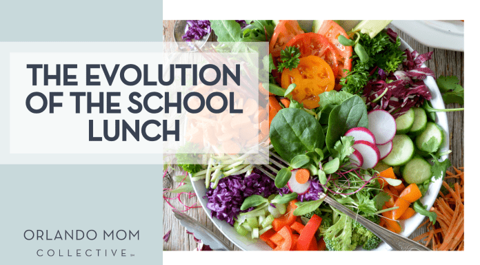The Evolution of the School Lunch Nadina Primeau via Unsplash colorful salad in white bowl with 'The Evolution of the School Lunch' on the left