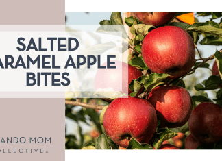Marek Studziński via Unsplash red apples on a tree with words 'salted caramel apple bites' on the left
