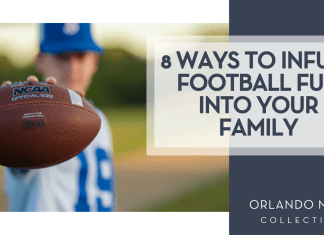 JV via Unsplash teen boy in a white and blue jersey with a blu hat on holding a football in front of him with '8 Ways to Infuse Football Fun into Your Family' on the right