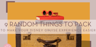 Amy Shamblen via Unsplash photo of brown lugging on side, handle out with books and red sunglasses on top with words '9 random things to pack to make your Disney Cruise experience easier' over top picture