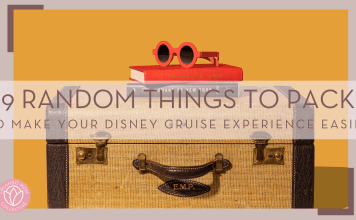 Amy Shamblen via Unsplash photo of brown lugging on side, handle out with books and red sunglasses on top with words '9 random things to pack to make your Disney Cruise experience easier' over top picture