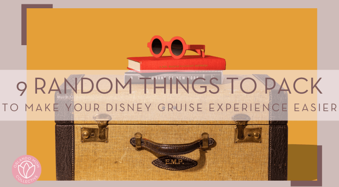 Amy Shamblen via Unsplash photo of brown lugging on side, handle out with books and red sunglasses on top with words '9 random things to pack to make your Disney Cruise experience easier' over top picture