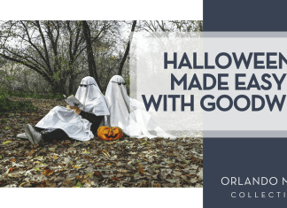 Vadim Bogulov via Unsplash two people in ghost costumes reading books sitting back to back in the fall woods with a pumpkin between them with 'Halloween made easy with Goodwill' on the right