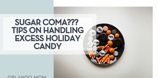 Tolgahan Akbulut via Unsplash bowl of Halloween candy on a white background with 'Sugar Coma??? Tips on Handling Excess Holiday Candy'