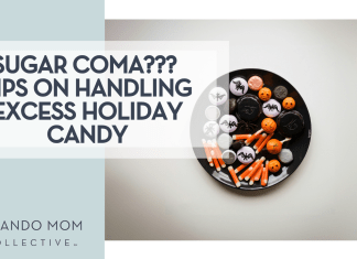 Tolgahan Akbulut via Unsplash bowl of Halloween candy on a white background with 'Sugar Coma??? Tips on Handling Excess Holiday Candy'