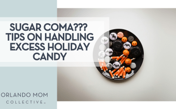 Tolgahan Akbulut via Unsplash bowl of Halloween candy on a white background with 'Sugar Coma??? Tips on Handling Excess Holiday Candy'