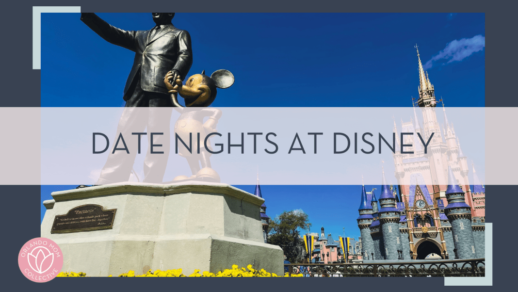 Jose mizrahi via unsplash photo of the Walt and mickey statue with castle behind with words ' date nights at disney' in text over top of the image