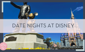 Jose mizrahi via unsplash photo of the Walt and mickey statue with castle behind with words ' date nights at disney' in text over top of the image