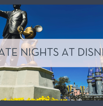 Jose mizrahi via unsplash photo of the Walt and mickey statue with castle behind with words ' date nights at disney' in text over top of the image