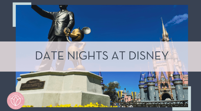 Jose mizrahi via unsplash photo of the Walt and mickey statue with castle behind with words ' date nights at disney' in text over top of the image