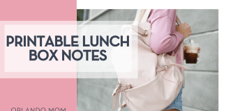 Tamara Bellis via Unspalsh girl in pink shirt with a coffeee in hand and a cream backpack facing a gray wall with words 'PRINTABLE lunch box notes' on the left