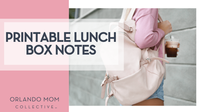 Tamara Bellis via Unspalsh girl in pink shirt with a coffeee in hand and a cream backpack facing a gray wall with words 'PRINTABLE lunch box notes' on the left