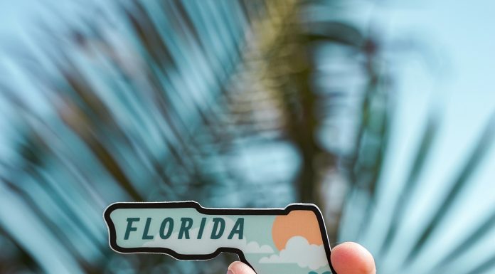 Dr. Phillips and Windermere: A perfect area for families among the lakes done-by-alex via unsplash a hand holding a sticker in the shape of Florida