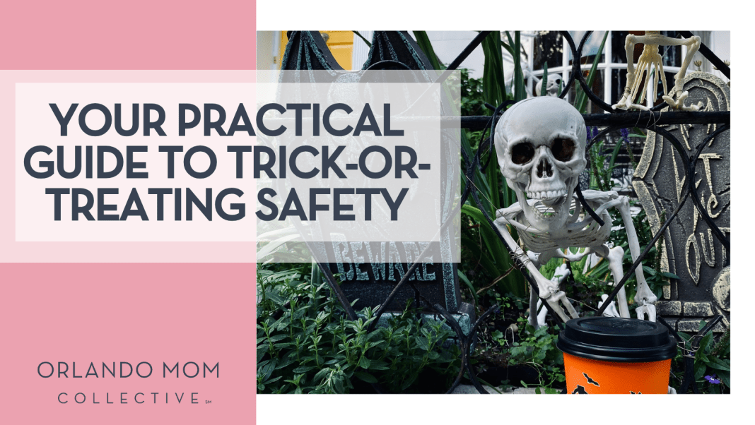 Crown T via Unsplash skeleton by a BEWARE sign with 'Your Practical Guide to Trick-or-Treating Safety' on the left