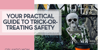Your Practical Guide to Trick-or-Treating Safety Crown T via Unsplash skeleton by a BEWARE sign with 'Your Practical Guide to Trick-or-Treating Safety' on the left