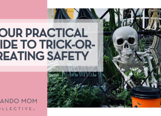 Your Practical Guide to Trick-or-Treating Safety Crown T via Unsplash skeleton by a BEWARE sign with 'Your Practical Guide to Trick-or-Treating Safety' on the left