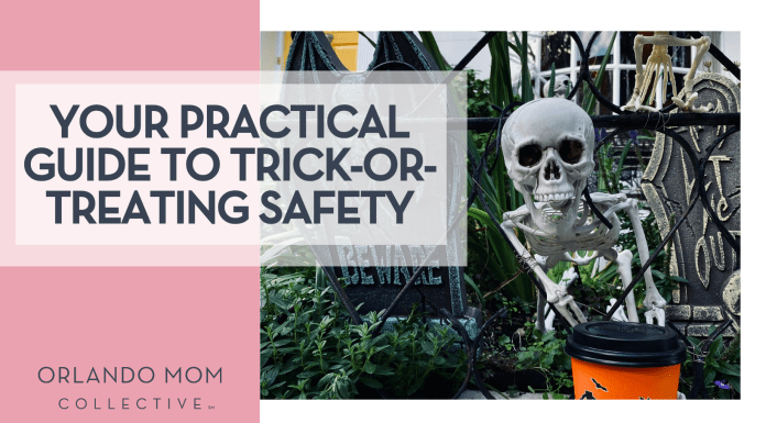 Your Practical Guide to Trick-or-Treating Safety Crown T via Unsplash skeleton by a BEWARE sign with 'Your Practical Guide to Trick-or-Treating Safety' on the left